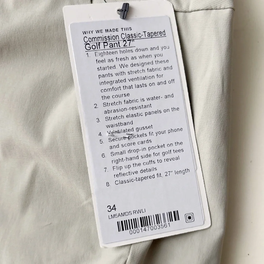 Lululemon Men’s Commission Golf Pants 34x27 Raw Linen New Classic Tapered